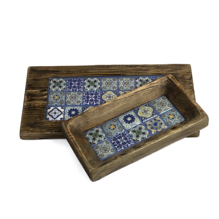 Zestaw deska duża i miska w stylu azulejos niebieska
