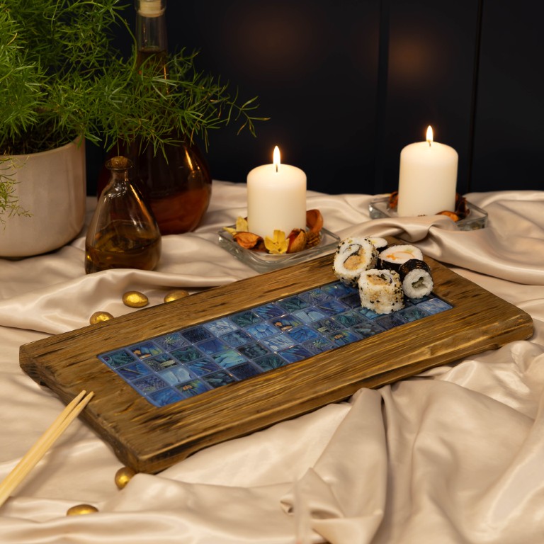 Deska do serwowania z mozaiką 3D – „Pawie Pióra” niebieska - obrazek 4