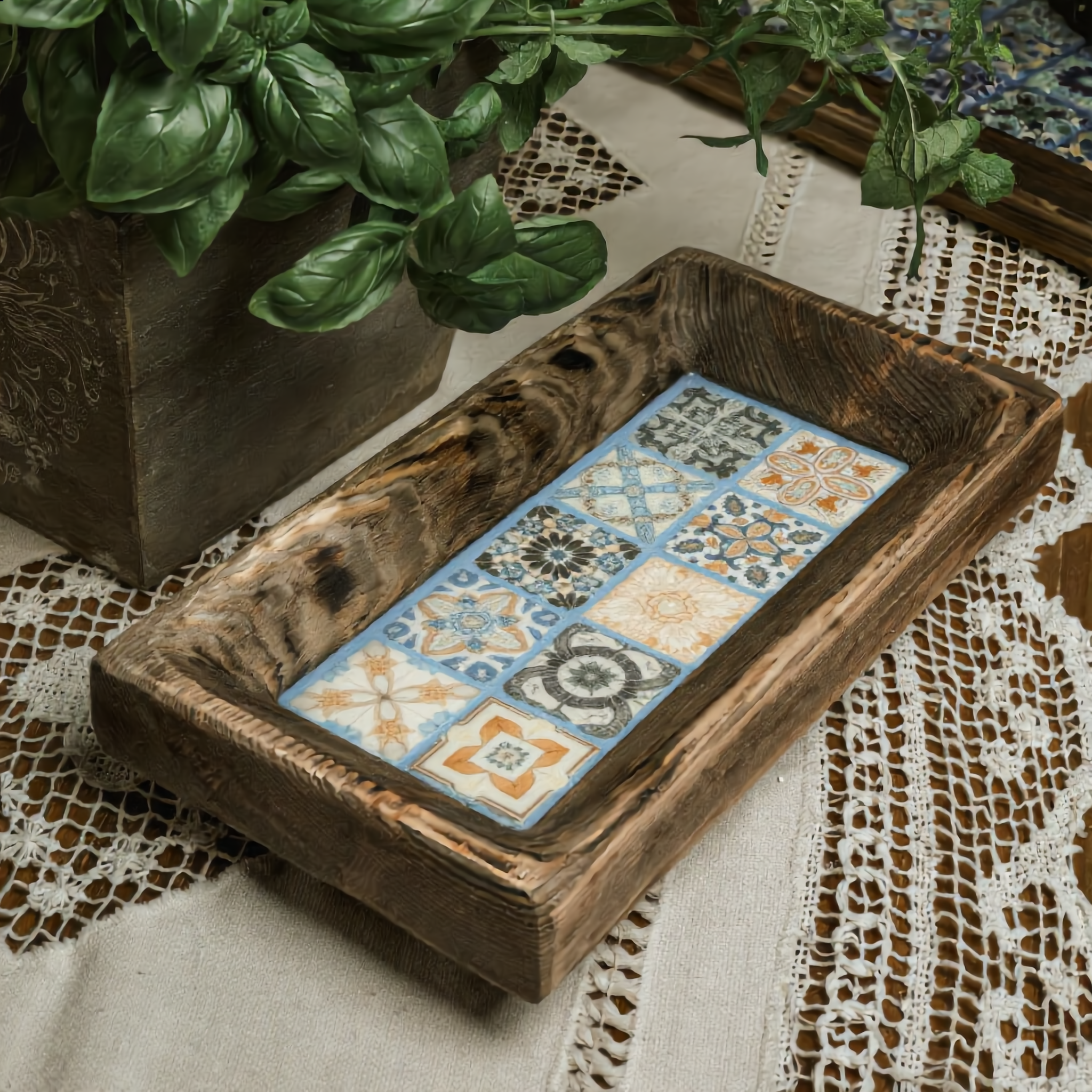 Miseczka z błękitnymi płytkami w stylu Azulejos 15x27 cm